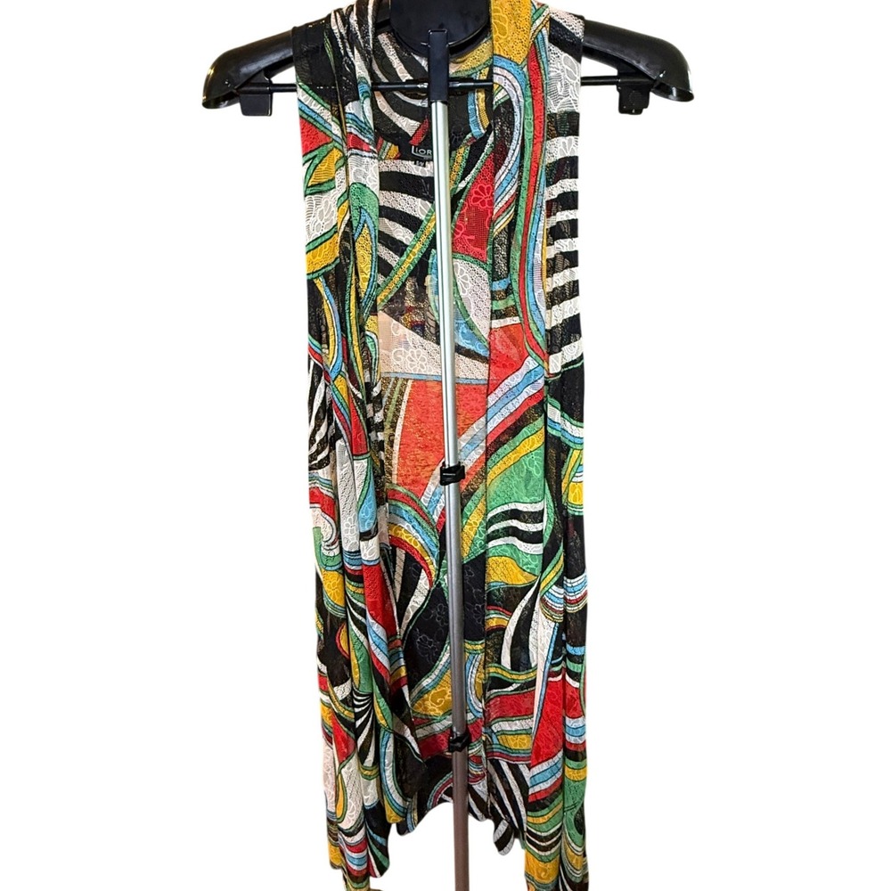 Lior Paris Womens Abstract Geometric Mesh Lace Duster Vest Multi-Color S/M